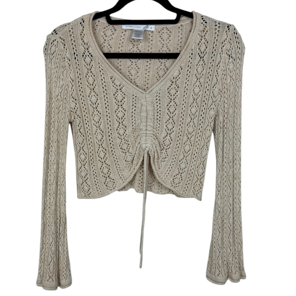 Altar'd State Light Beige loose knit adjustable tie bottom cropped Sweater S